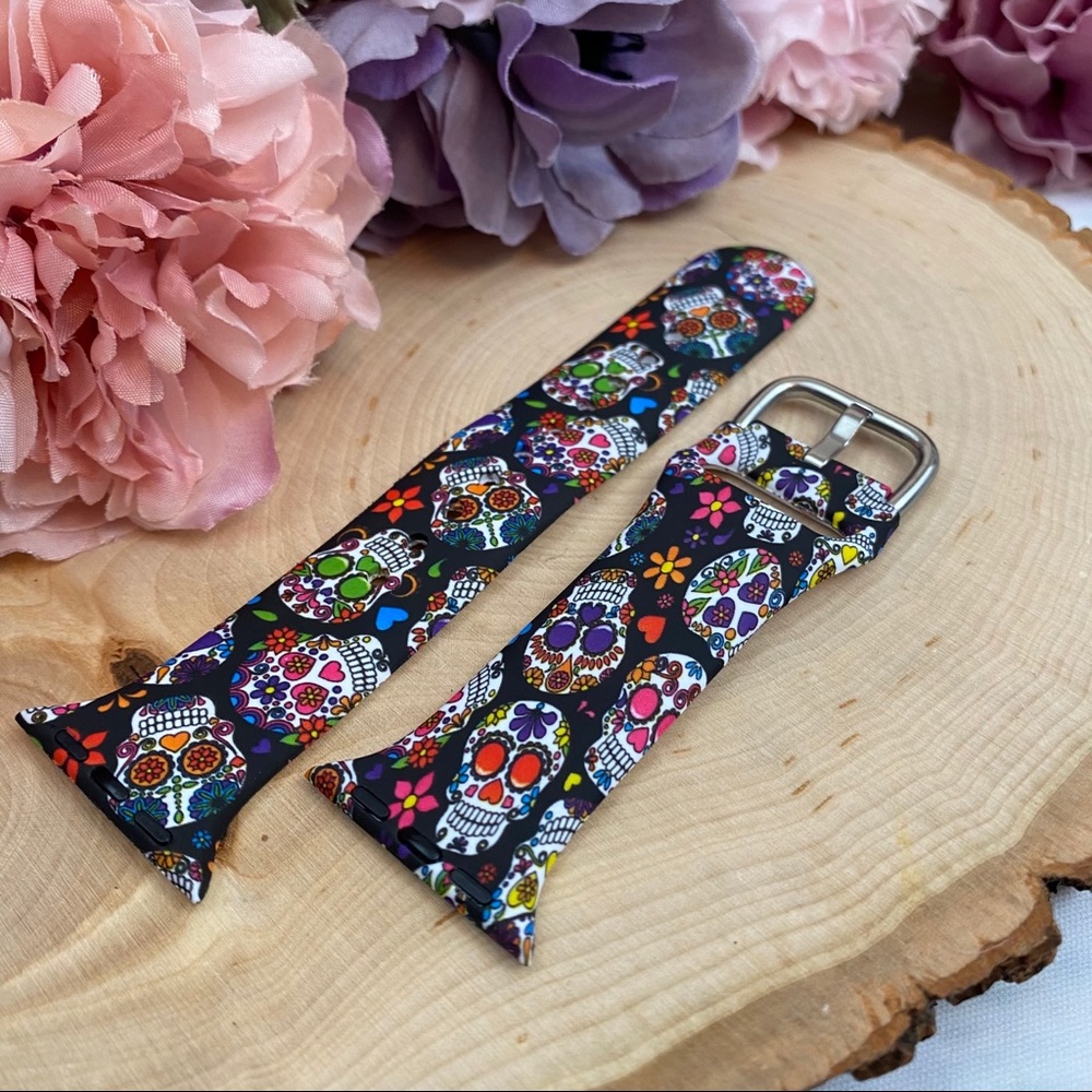 Colorful Day of the Dead Sugar Skull Silicone Watchband for Apple - Picture 8 of 13
